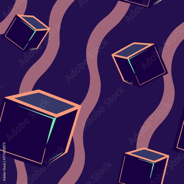 Fototapeta Floating Holographic Cubes on a Vector Neon Purple Background