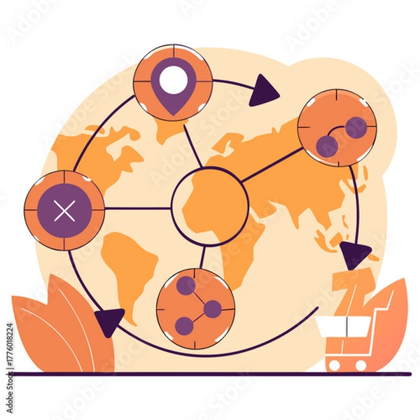 Fototapeta Global E Commerce Network Delivery Process Illustrated in Vector Format