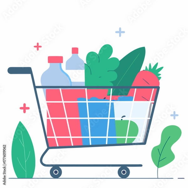 Fototapeta Shopping cart filled with groceries in a flat style