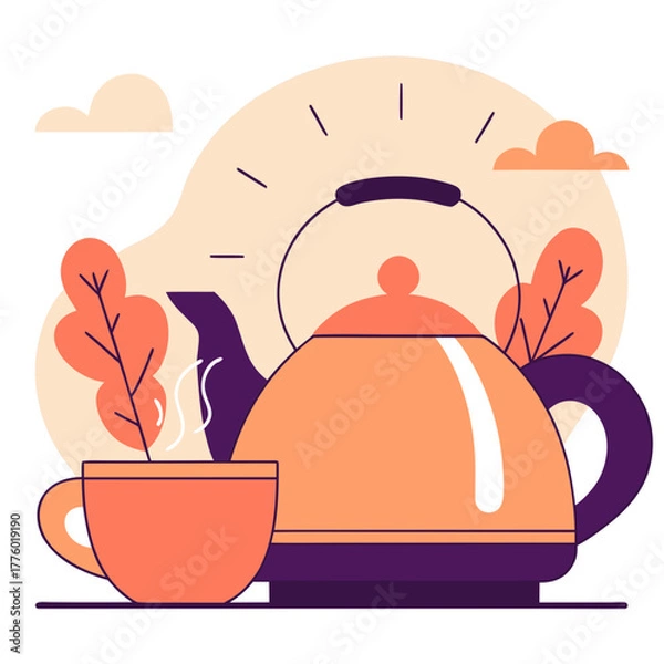 Fototapeta Teapot and Cup in Flat Design with Warm Tones