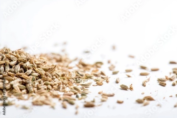 Fototapeta Close Up Of Scattered Dried Fennel Seeds On White Surface