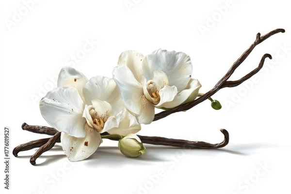Fototapeta Elegant White Orchids with Vanilla Pods on White Background