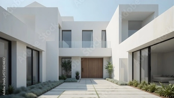 Obraz Contemporary White Luxury House Exterior with Minimalist Architecture, Clean Lines, and Modern Landscaping