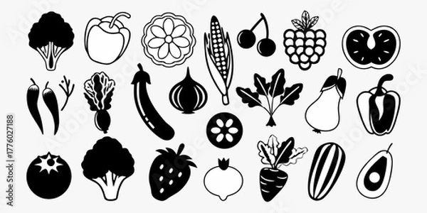 Obraz Illustration featuring a diverse collection of fresh vegetables and fruits in black and white style