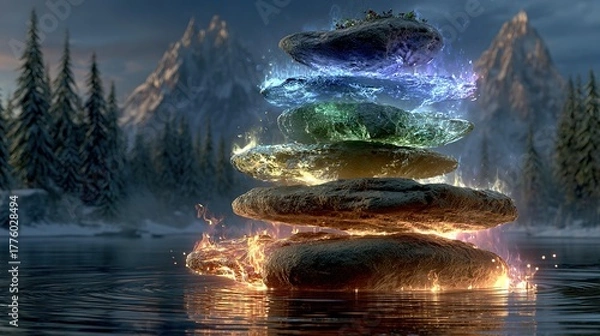 Fototapeta Stacked stones with colorful aura on water with trees and mountains background.