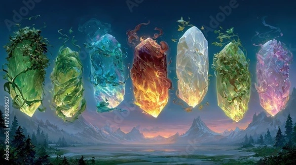 Fototapeta Seven elemental crystals float against a blurred landscape background.
