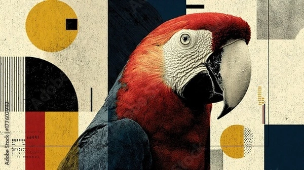 Fototapeta Colorful parrot portrait against abstract geometric background with circles and rectangles.