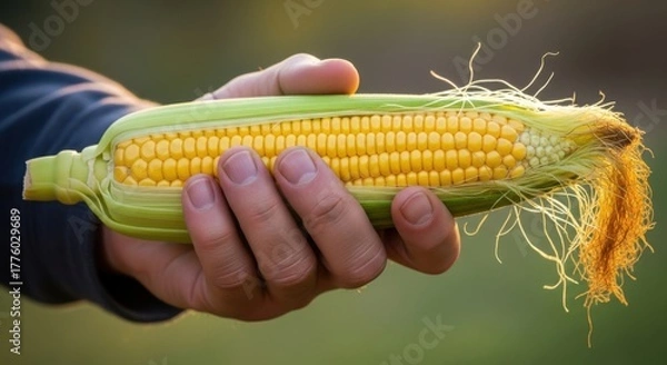 Fototapeta Freshly harvested corn on the cob held in a hand, showcasing vibrant yellow kernels and green husk, symbolizing agricultural abundance and seasonal produce
