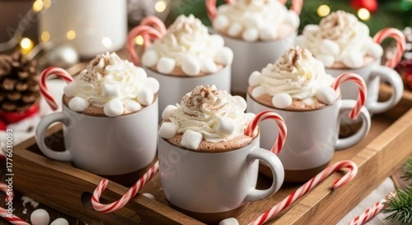 Fototapeta Hot chocolate cups topped with whipped cream and marshmallows, arranged on a wooden tray with candy canes, creating a cozy festive atmosphere for winter celebrations