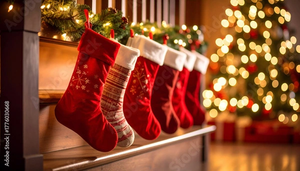 Obraz A festive holiday scene of Christmas stockings hung in a row on a stair railing with garland lights glowing