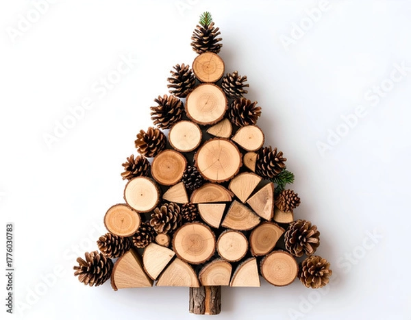 Fototapeta A rustic Christmas tree concept artfully crafted from stacked firewood logs and natural pinecones, isolated on a plain white background