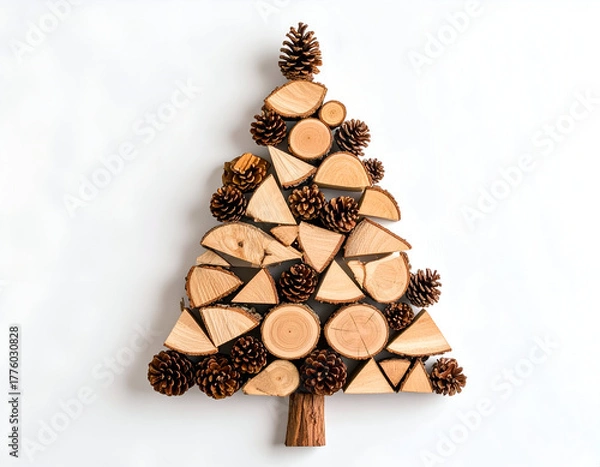 Fototapeta A creative Christmas tree made from natural wood slices, logs, and pine cones, arranged on a flat white background