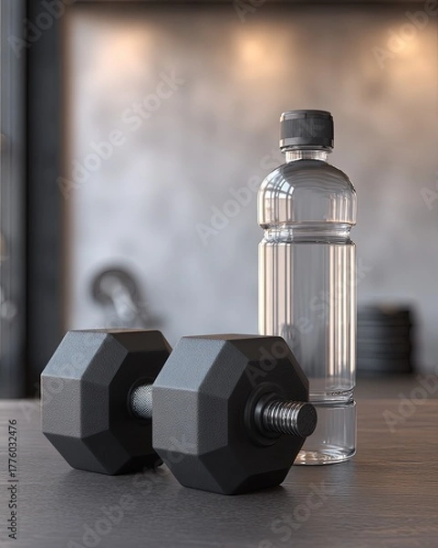 Obraz Black Dumbbells And Clear Water Bottle In Gym Interior