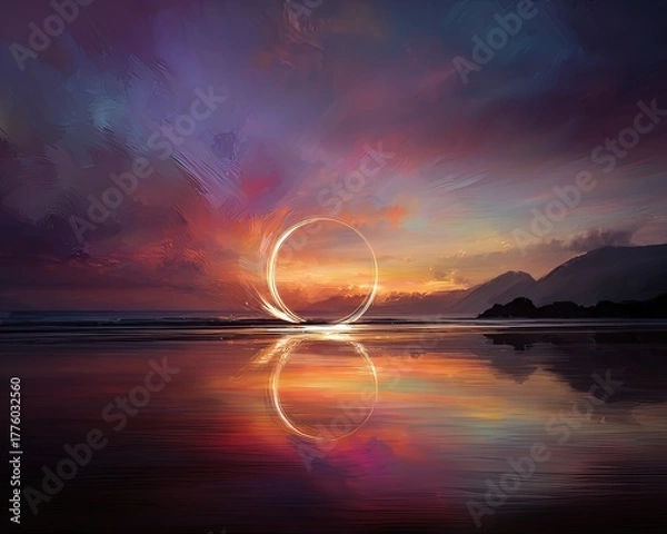 Fototapeta Colorful Sunset Beach Scene With Glowing Ring