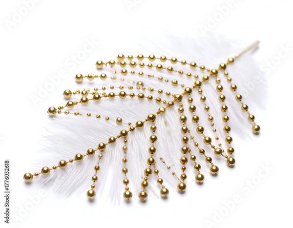 Obraz Luxurious white feather ornament adorned with delicate gold beading, creating a sparkling and elegant design, meticulously isolated on a pristine white background for a refined aesthetic