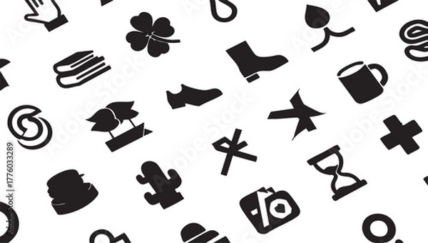 Fototapeta Black and white vector icon set: hand, clover, books, shoe, boot, mug, cactus, hourglass, camera, and more eps silhouette