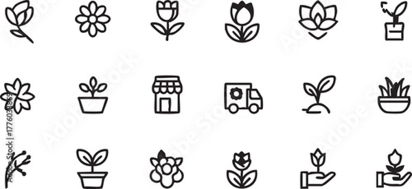 Fototapeta Black and white flower and plant icon set vector - floral, gardening, and nature graphics eps silhouette