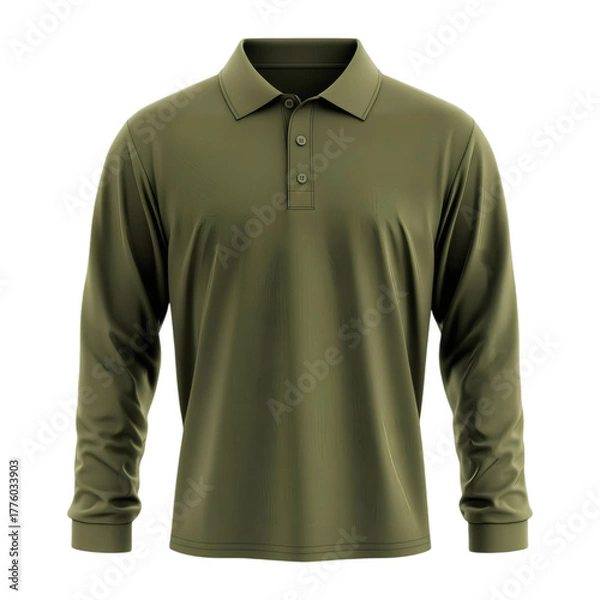 Obraz Plain Green Army Long Sleeve Polo Shirt Mockup Front View 3D Rendering on transparent background
