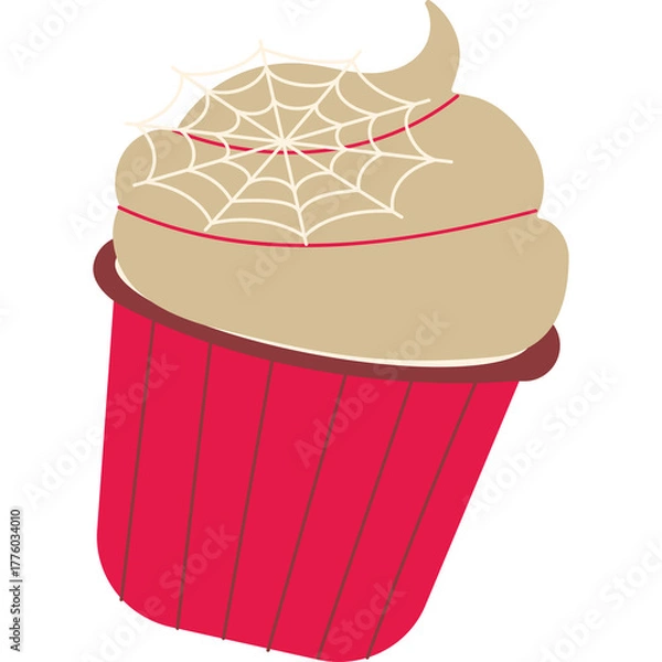Obraz Festive Halloween cupcake with beige frosting and a white spiderweb detail atop a red striped wrapper with a brown rim