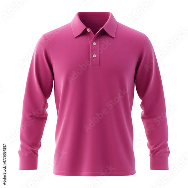 Fototapeta Plain Pink Long Sleeve Polo Shirt Mockup Front View 3D Rendering on transparent background