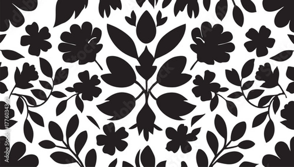 Fototapeta Black and white floral vector pattern - seamless flower design eps silhouette