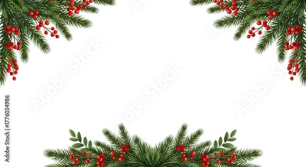 Obraz Festive christmas fir branches with red berries forming a decorative border, isolated on transparent background