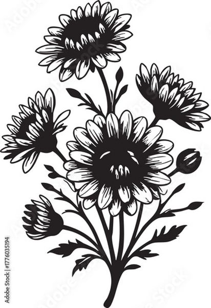 Fototapeta Black and white floral vector: chrysanthemum flower illustration for graphic design eps silhouette