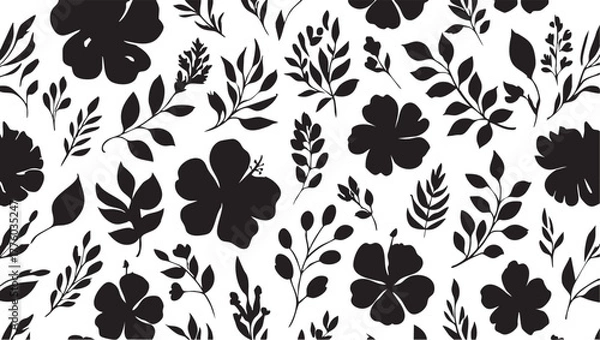 Fototapeta Black and white floral pattern vector: seamless botanical background with flowers and leaves eps silhouette