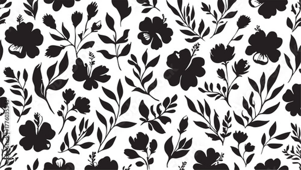 Fototapeta Black and white floral vector pattern: seamless flower and leaf design eps silhouette