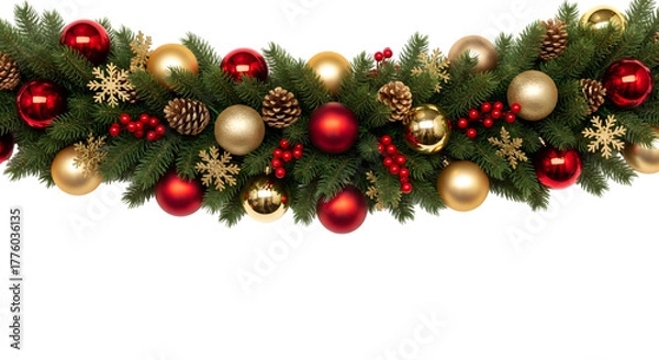 Fototapeta Festive christmas garland with red and gold baubles, pine cones, and snowflakes, isolated on transparent background