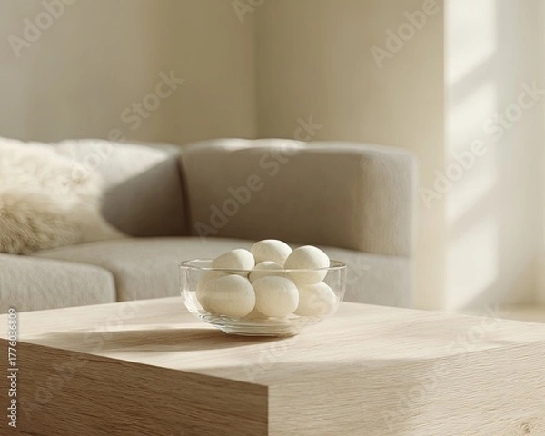 Fototapeta Cream Colored Eggs In Glass Bowl On Light Wooden Table
