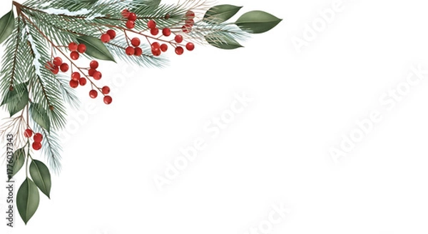 Obraz Christmas corner decoration with pine needles, holly berries, and green leaves, isolated on transparent background