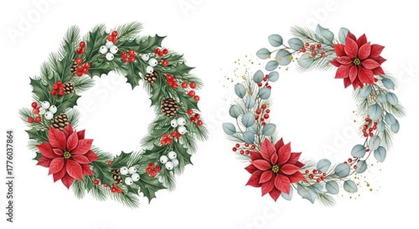 Fototapeta Two beautiful christmas wreaths with poinsettias, pine cones, berries, and eucalyptus leaves, isolated on transparent background