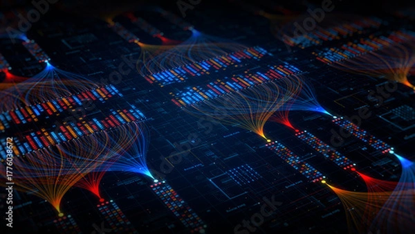 Obraz Abstract digital data stream visualization showing network connections, data flow, and a futuristic information processing system. Ideal for tech, AI, and IT concept designs. 3d Rendering