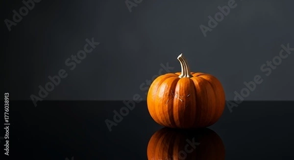 Obraz Vibrant Orange Pumpkin Reflecting on a Dark Surface with a Subtle Gradient Background.