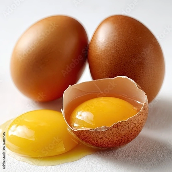 Fototapeta Fresh Brown Eggs with Yolks on White Background