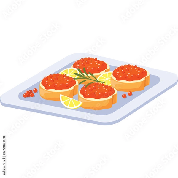 Fototapeta Four Canape Sandwiches Topped with Red Caviar and Garnished with Lemon Slices and Rosemary Sprigs on a White Plate with a Transparent Background