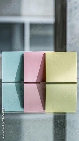 Fototapeta Three Colorful Sticky Notes On Glass Surface