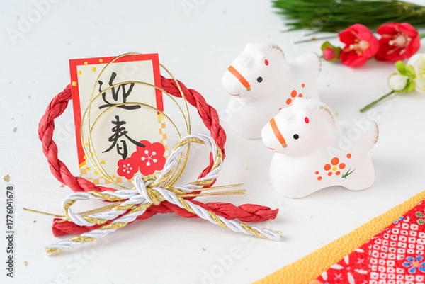 Obraz 午年の年賀状素材｜白馬の子馬と迎春の飾り