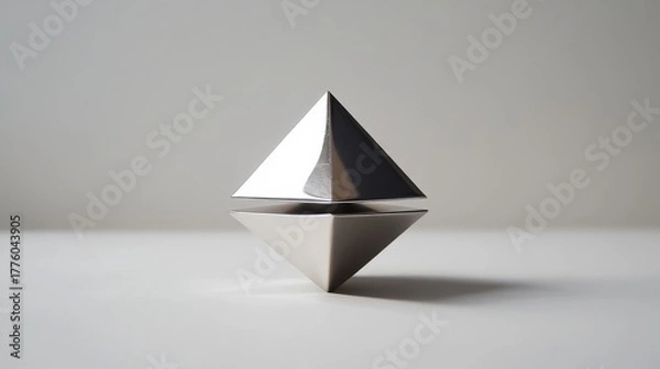 Fototapeta In the pure white space, two stainless steel metal quadrangular pyramid objects are stacked in the center of the picture to form a funnel shape. It is thin in the middle and thick at both ends. The me