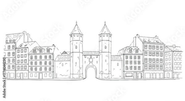 Fototapeta European old town architecture skyline minimal vector line art illustration.