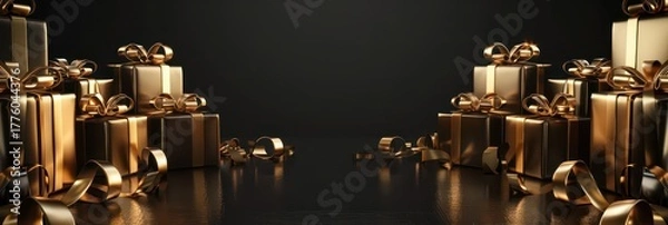 Fototapeta Elegant black friday celebration with luxurious gold gift boxes and stylish decorations. Horizontal banner. Copy space. Free space for text. Boxing Day