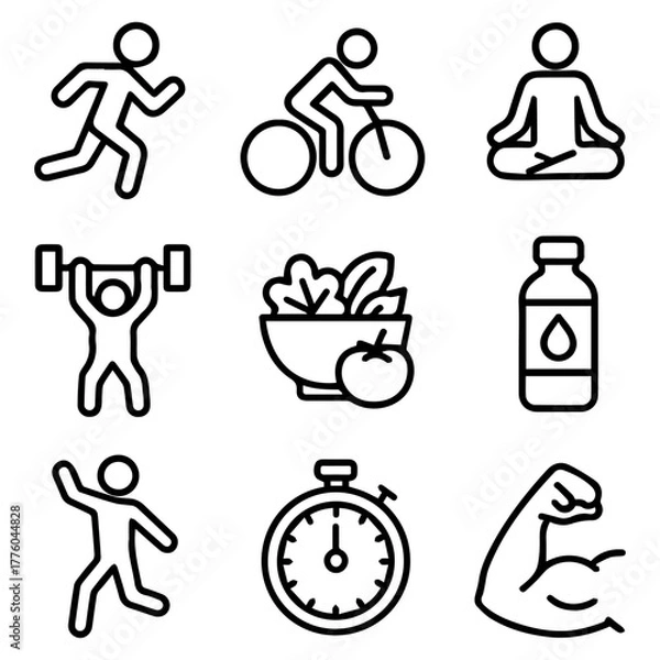Fototapeta A collection of health and fitness line icons representing a balanced and active lifestyle. Includes exercise, diet, and wellness symbols