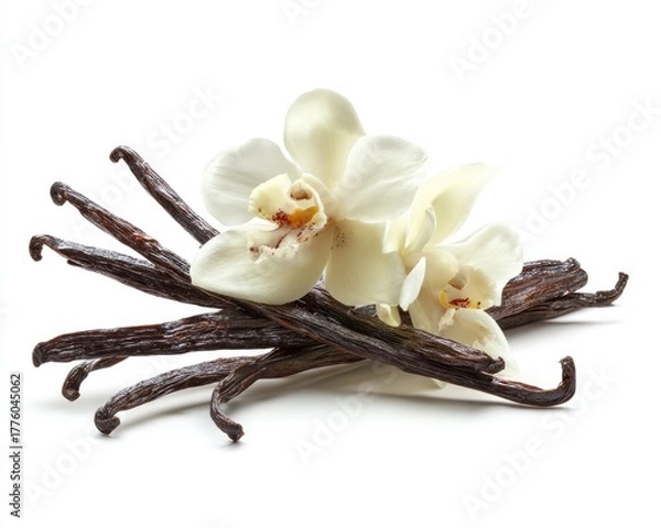 Fototapeta Vanilla Beans And Orchid Flowers On White Background