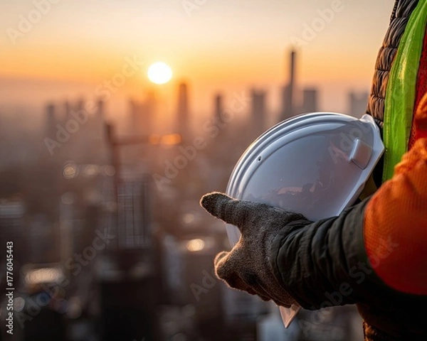Obraz Construction Worker With Safety Helmet At Sunrise City View