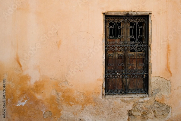 Fototapeta Ornamented wooden window on aged yellow clay wall in Fes, Morocco, showcasing historic Islamic craftsmanship and weathered textures.
