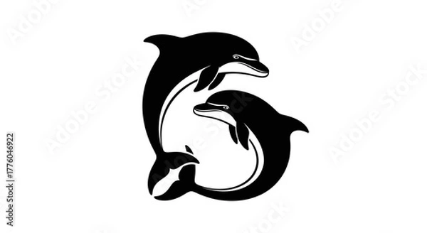 Fototapeta Elegant silhouette of two dolphins swimming together in a graceful underwater dance vector