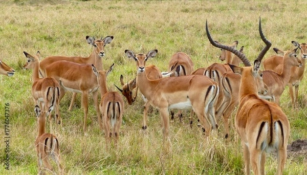 Fototapeta A natural wildlife scene showing a group of impala antelopes with a proud buck standing among them in the Masai Mara Nature Reserve, Kenya