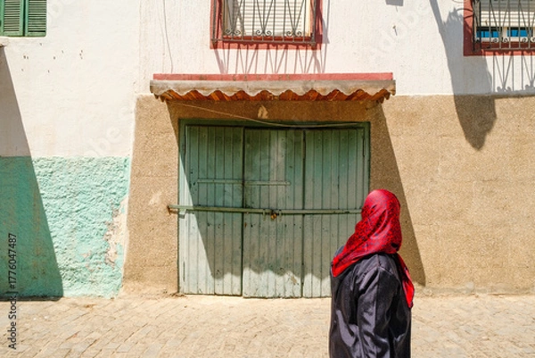 Fototapeta Traditional doorway with canopy against green and white-orange wall in Tangier, with a local woman walking past.