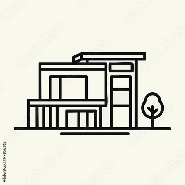 Fototapeta A sleek, minimalist line art illustration depicts a contemporary residential building with a flat roof and a small tree, representing modern architecture.